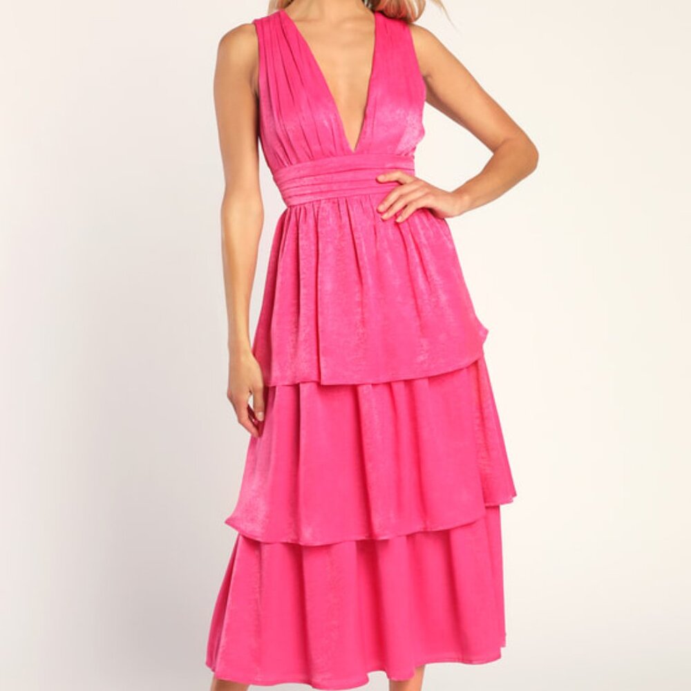 Lulus Peak Party Vibe Hot Pink Satin Tiered Tie-back Midi Dress - Size XS